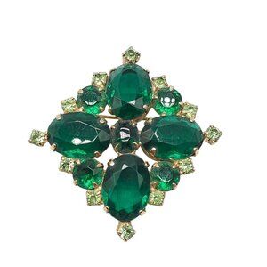 Vintage Juliana Emerald Green Rhinestone Brooch Pin Gold-Tone Square Design